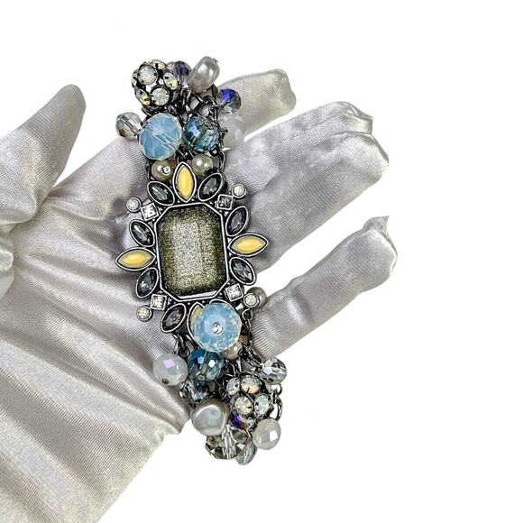 Cha Cha Bracelet Glitter Stone Blue Dangle Beads Gun Metal Chain Magnet Clasp - Picture 6 of 14